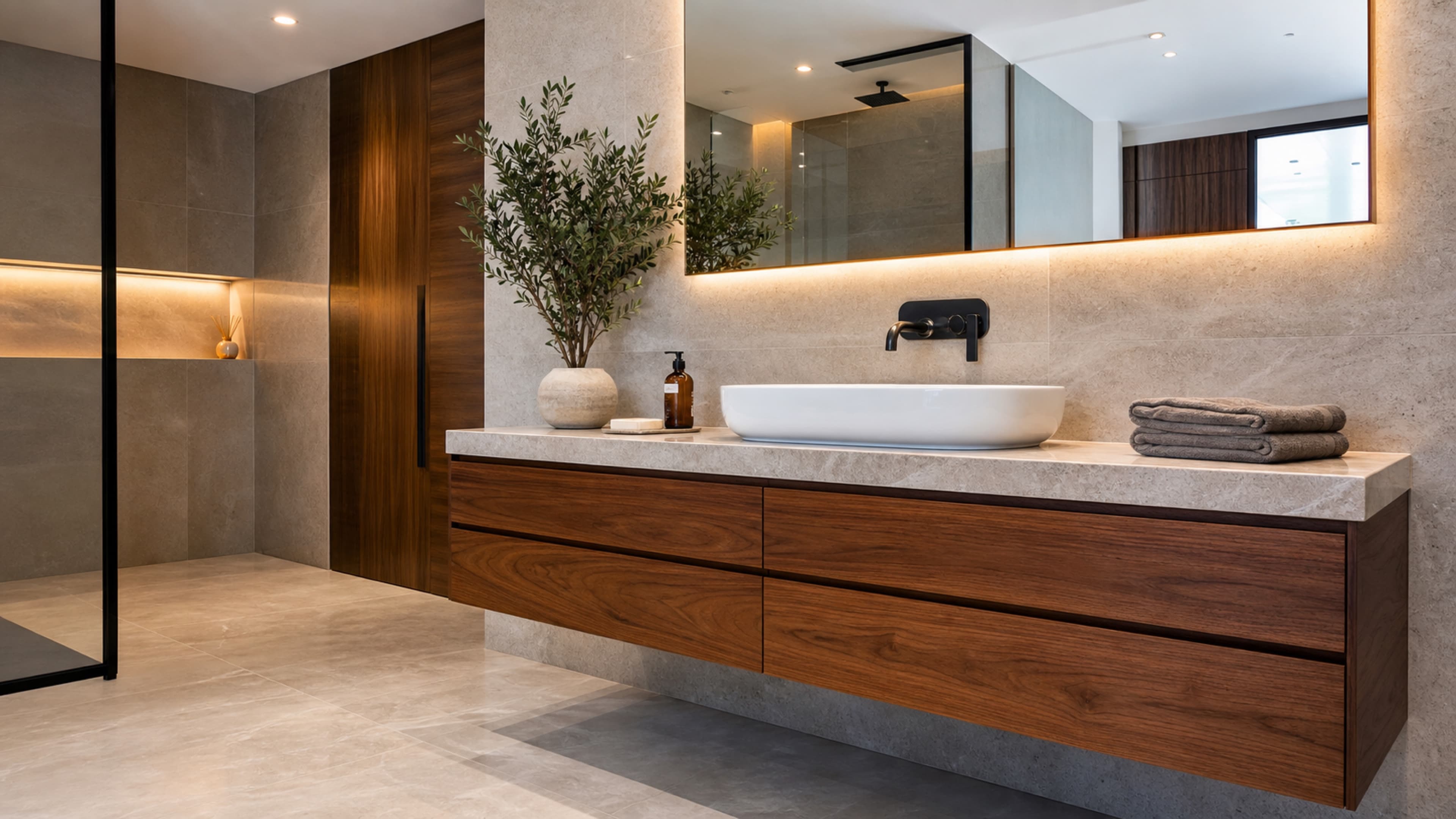 Made-to-measure bathroom vanity in Dubai with drawer storage, mirror, basin, and stone counter