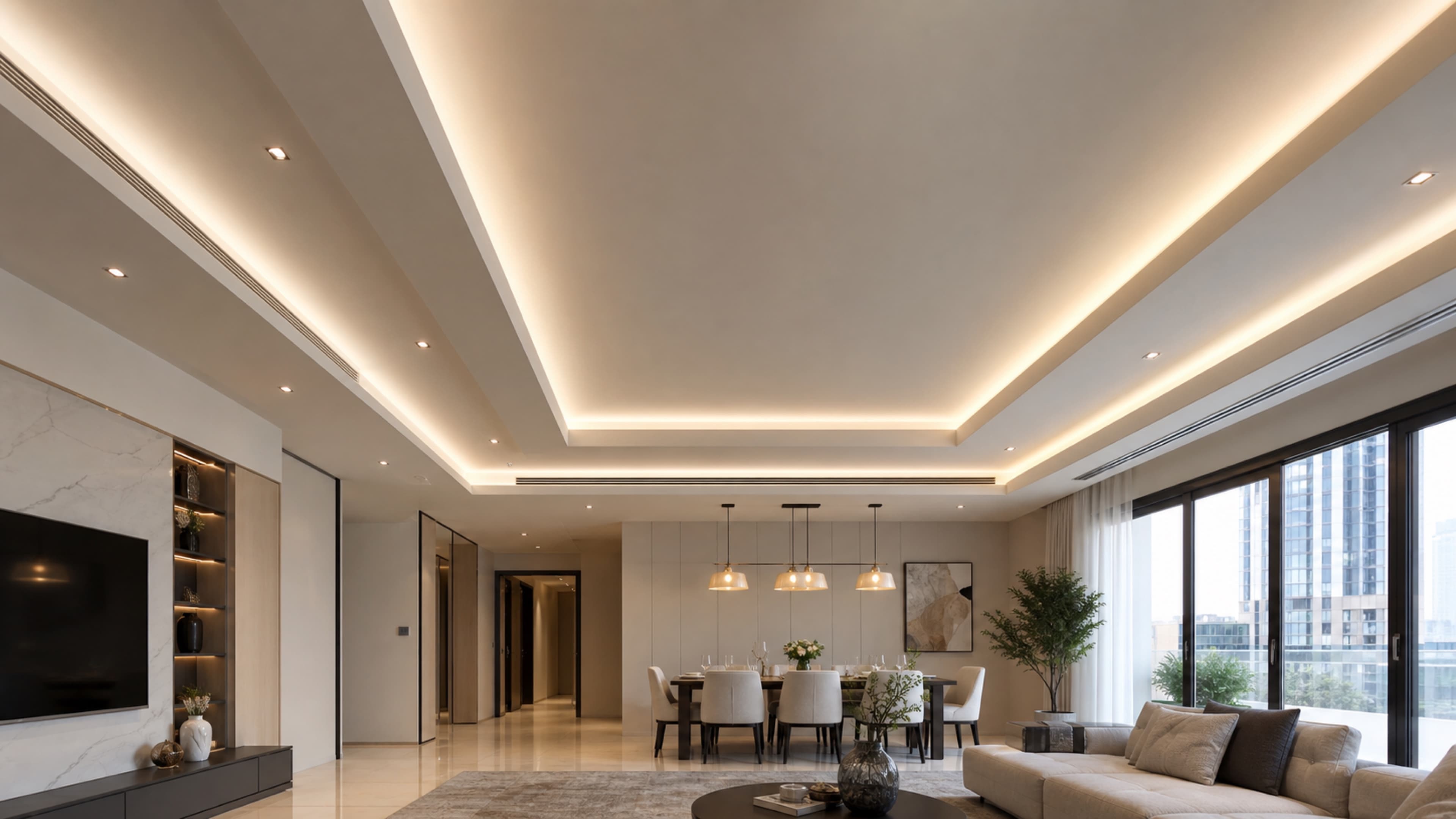 Luxury ceiling work in Dubai living room with recessed lights, tray detail, and clean finishing