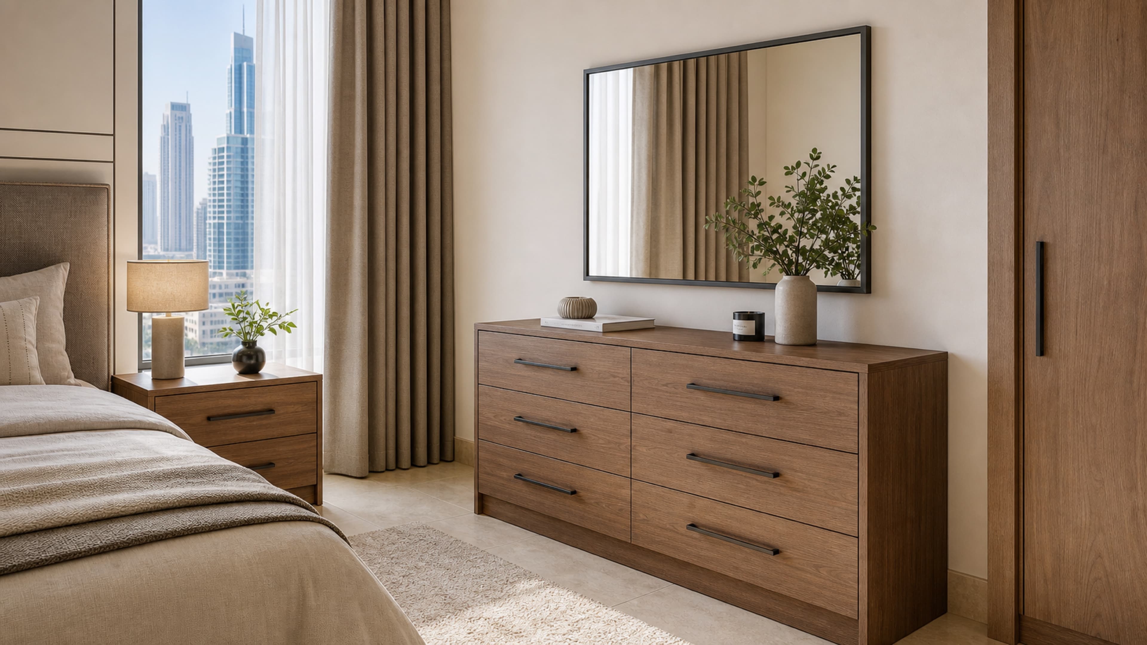 Custom Dubai carpentry interior with fitted wood storage and warm architectural lighting