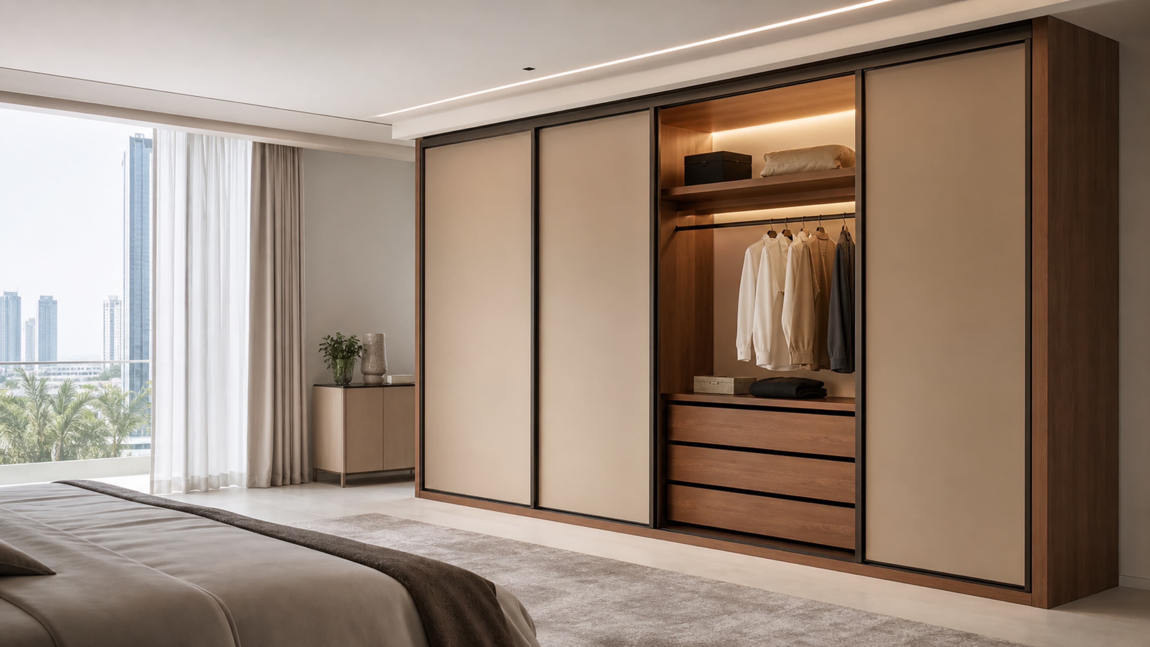 Custom fitted wardrobe in Dubai bedroom with clean storage, warm finishes, and integrated lighting