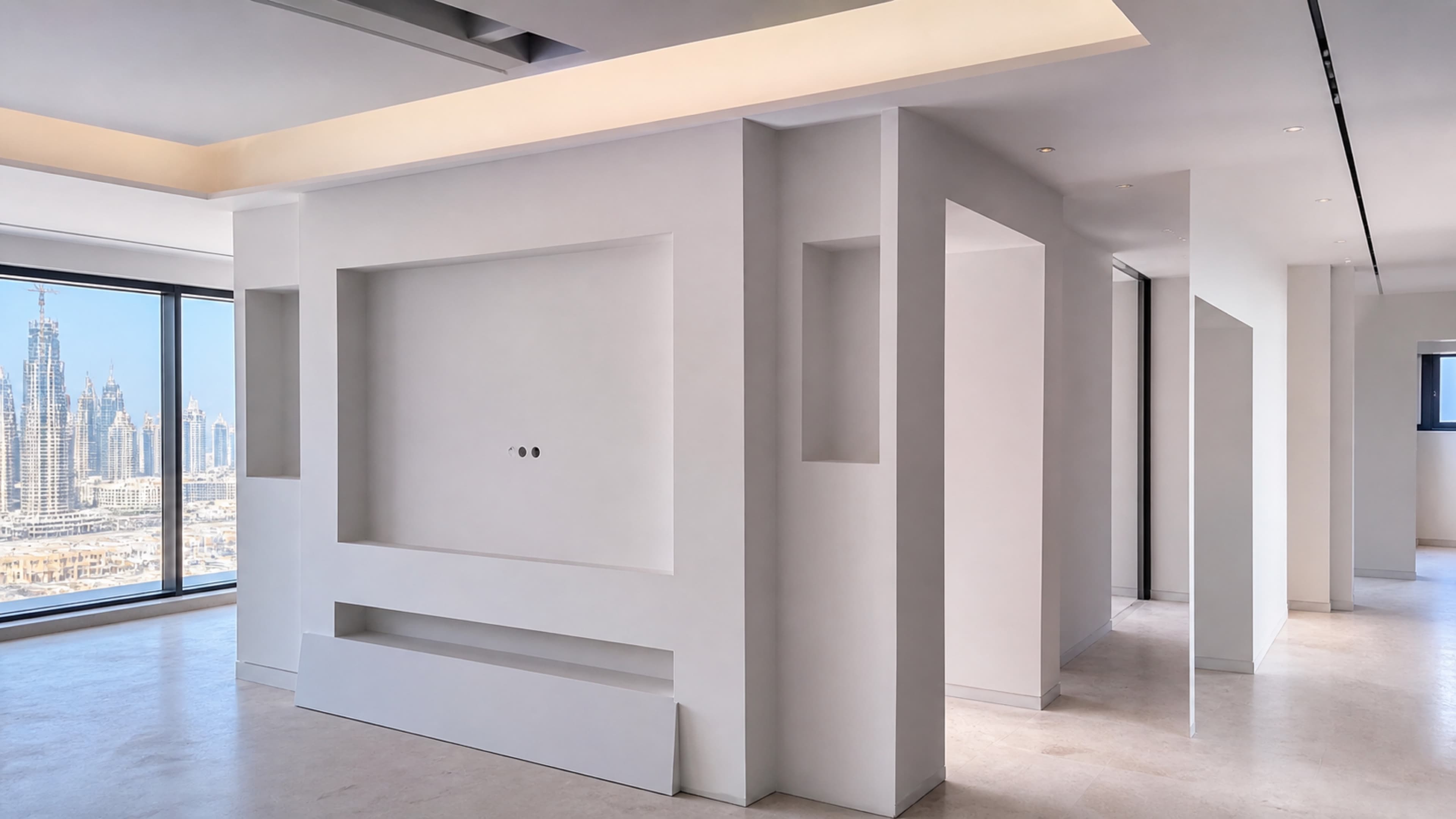 Dubai interior gypsum feature wall with niches, smooth finishing, and coordinated warm lighting