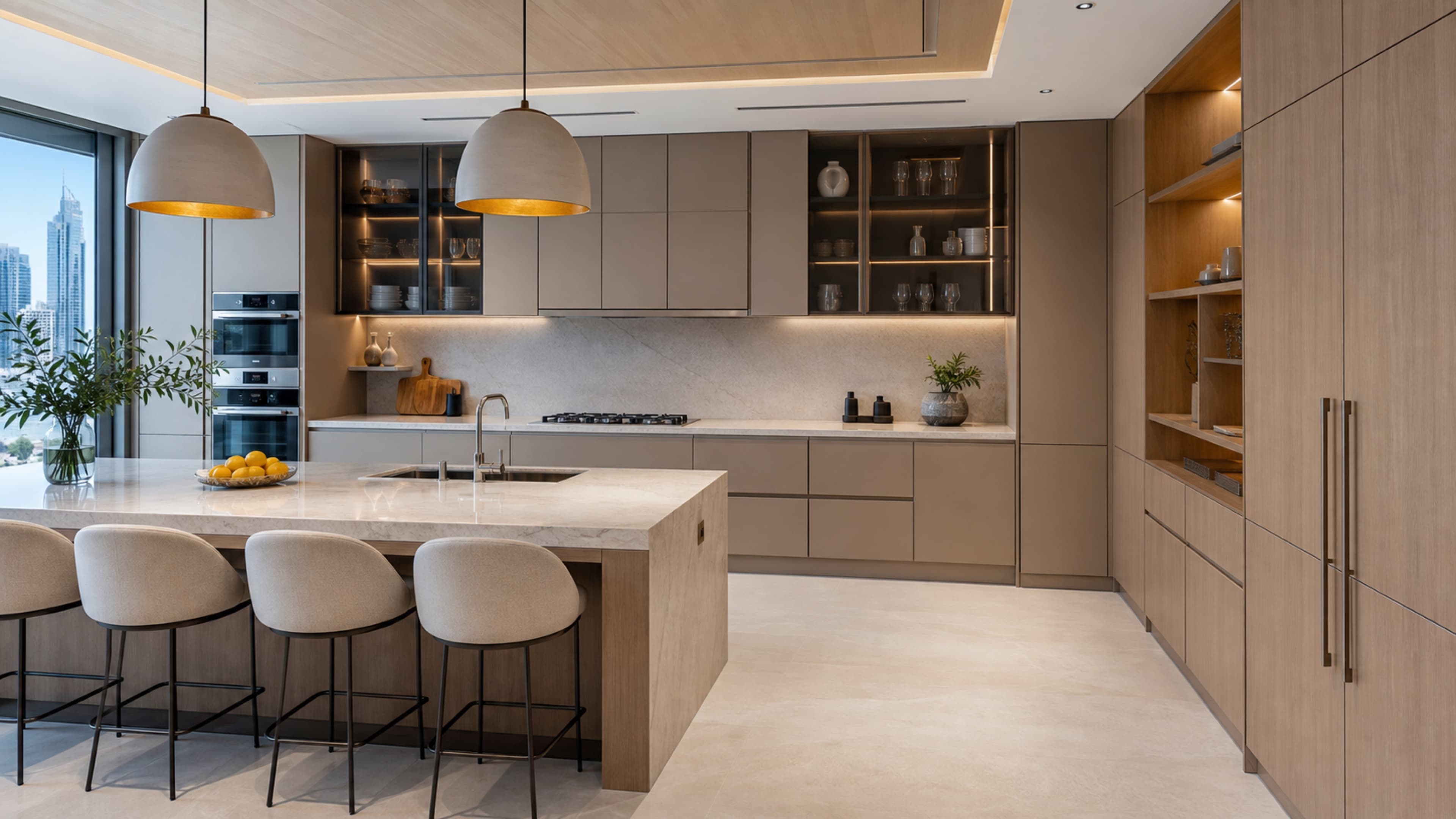 Premium kitchen renovation in Dubai with fitted cabinetry, island storage, and stone worktop