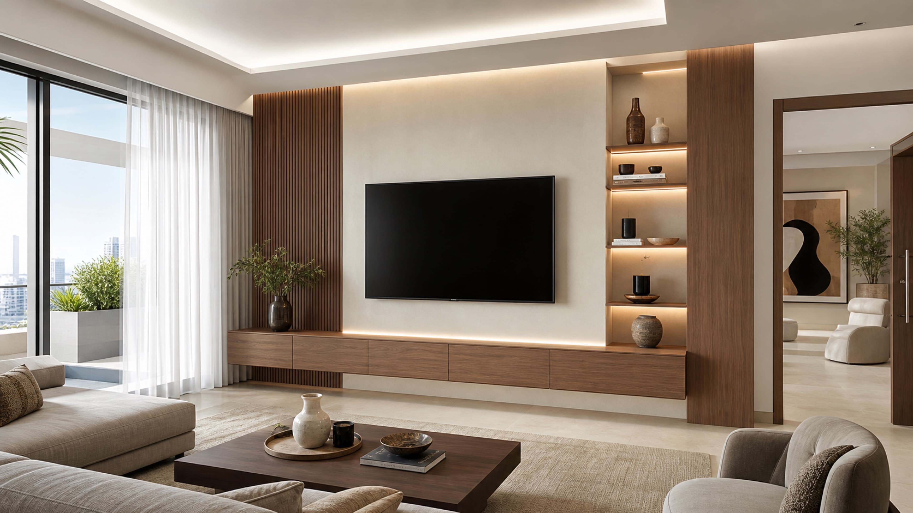 Luxury Dubai living room with custom media wall, wood paneling, TV recess, and warm LED shelves