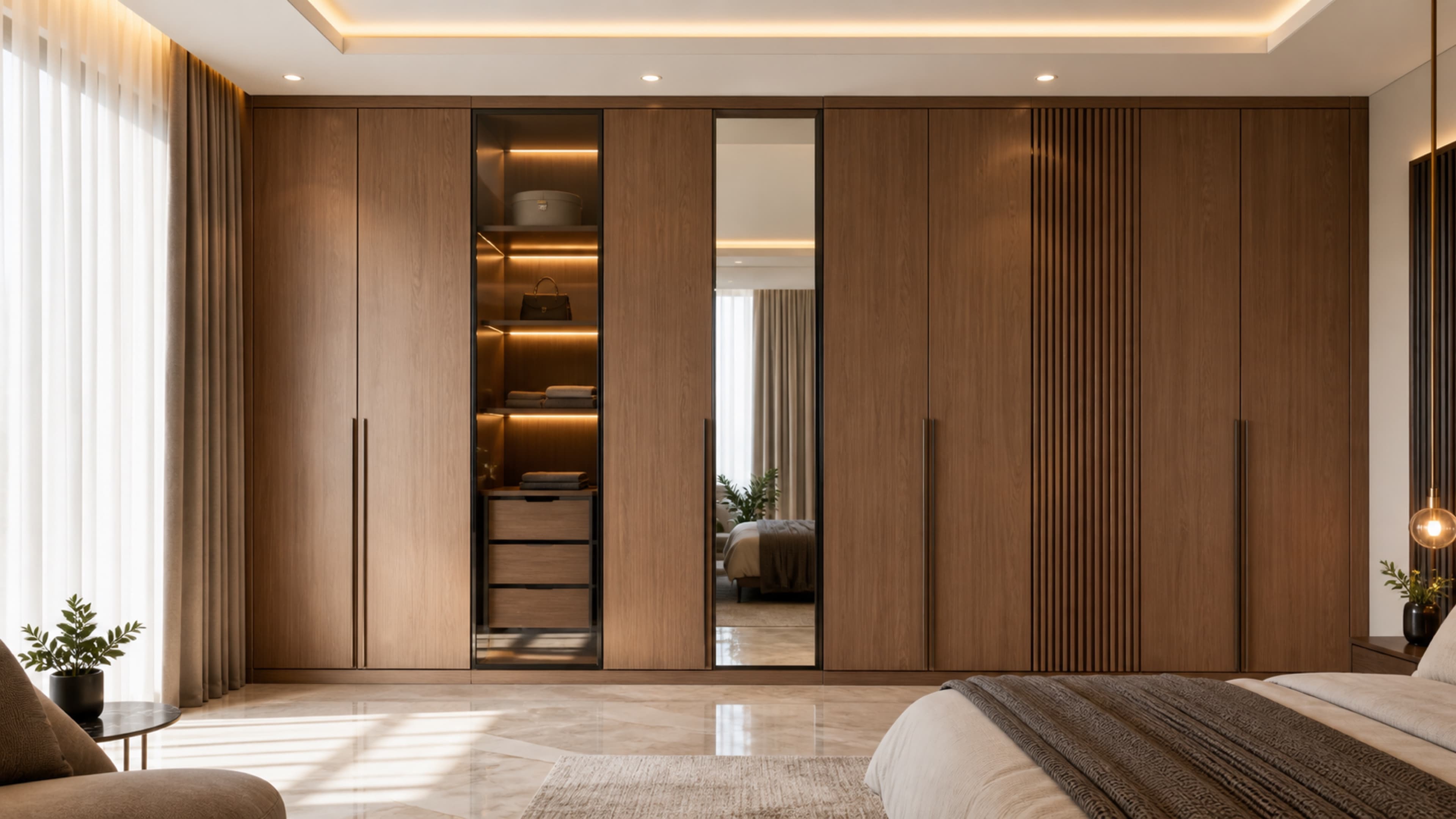 Fitted wardrobe example in Dubai bedroom with sliding storage, warm finishes, and clean organization