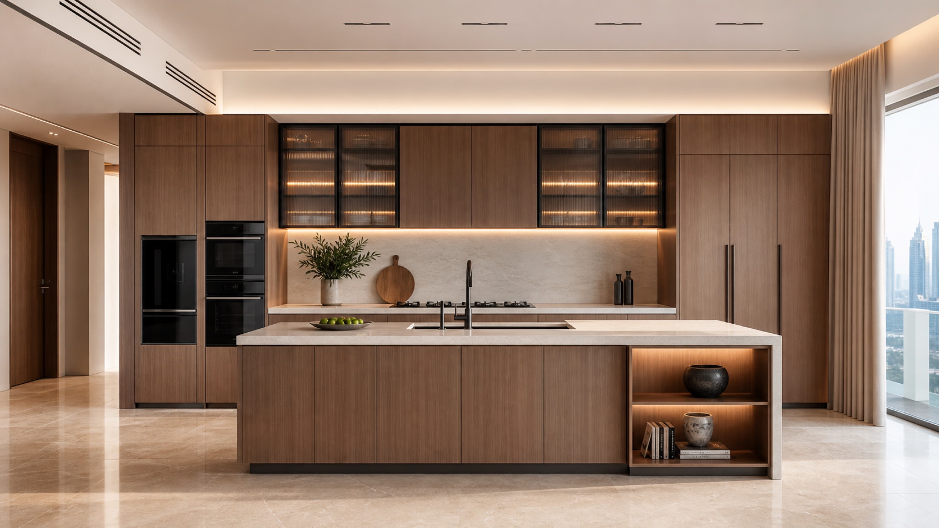 Kitchen renovation example in Dubai with warm fitted cabinetry, stone worktop, and island storage