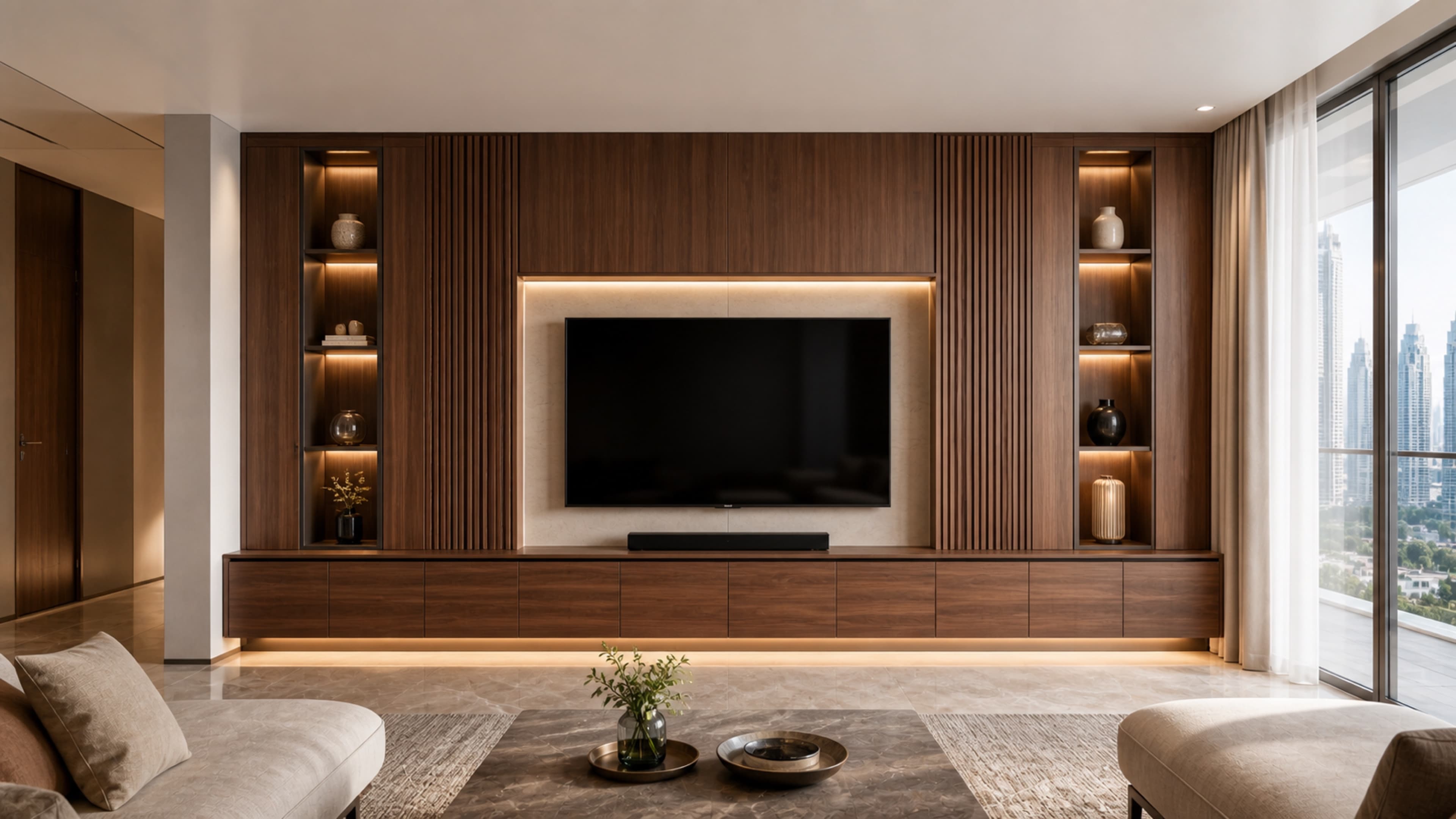 Dubai media wall example with hidden storage, wood panels, TV recess, and LED display shelves
